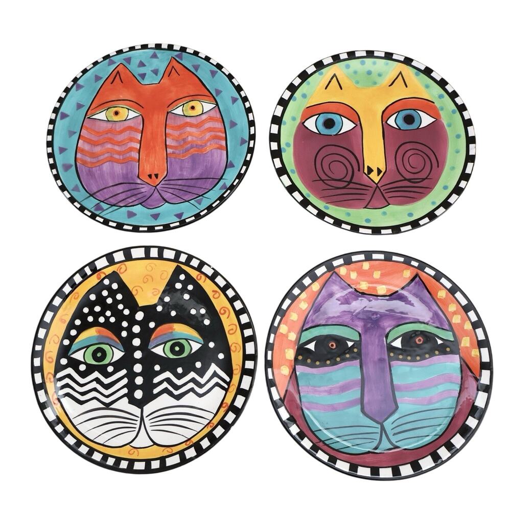 Vintage Henriksen Imports Laurel Burch Cat Art Ceramic Plate 90s Set of 4 Quirky